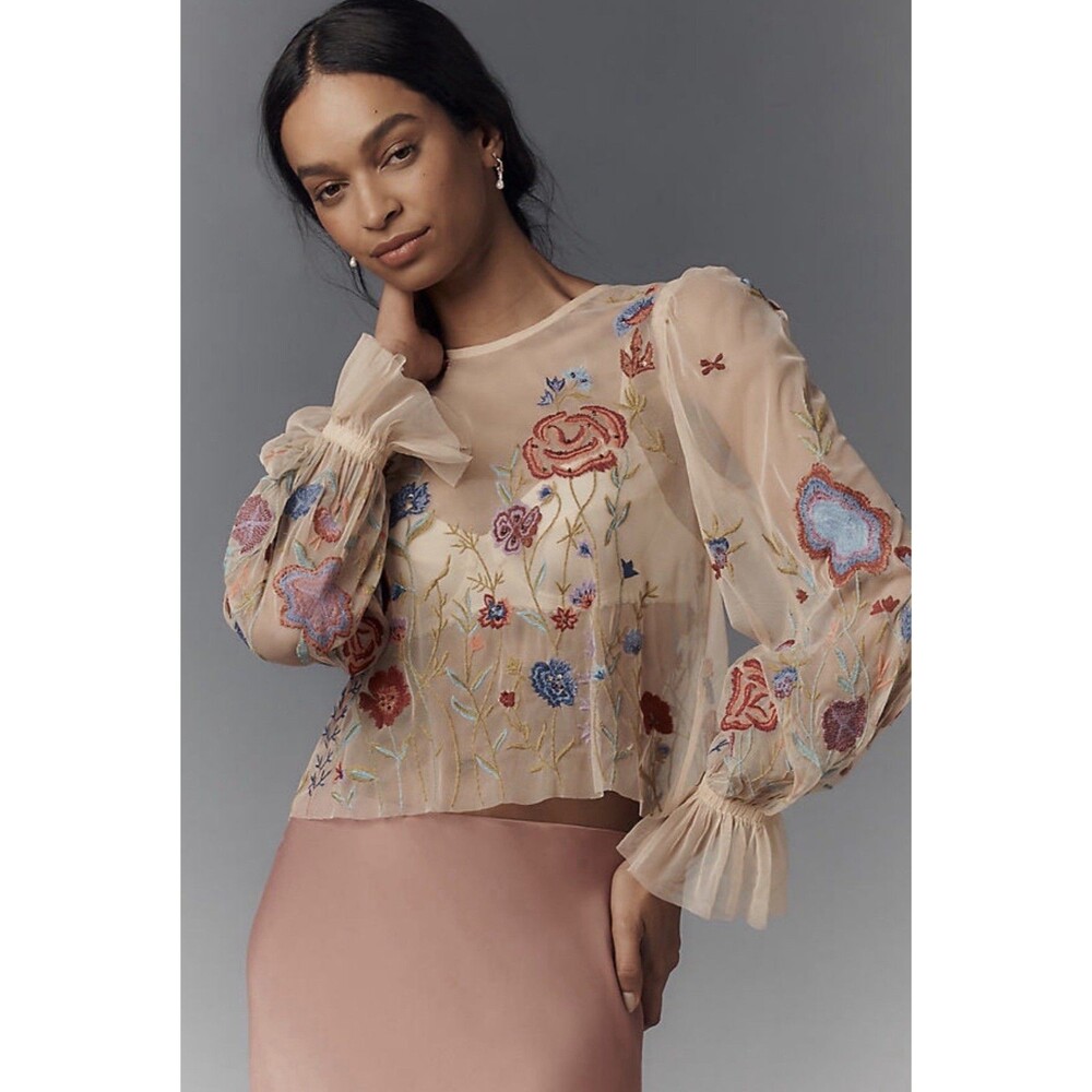 Anthropologie Mesh Blouse Layla Long Sleeve Appliqué Vacay Resort Size XS New
